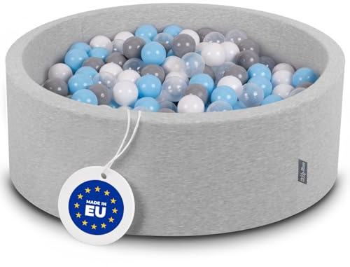 KiddyMoon Bollhav på 90 x 30 cm, med 200 bollar med en diameter på 7 cm, bollpool med färgglada bollar för spädbarn och barn, rund, ljusgrå: grå/vit/transparent/babyblå