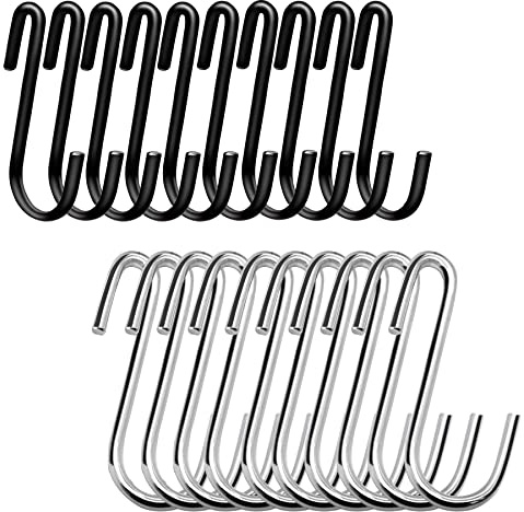 Baoswi Robuste S-Haken, 6 cm, S-förmige Haken zum Aufhängen, große Kleiderbügel für Küche, Bad, Schlafzimmer und Büro (10 Schwarz, 10 Silber)