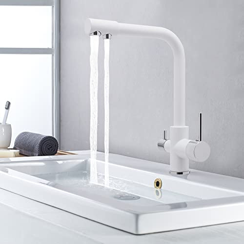 Wasserhahn Küche, 3 Wege Küchenarmatur, 360° Drehbar Wasserhahn Armatur, Spültischarmatur Küche Trinkwasserhahn, Weiß