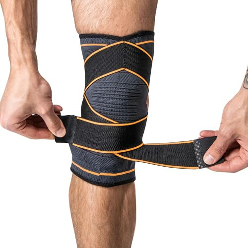 DRUNA Rodillera Deportiva Elástica con Correas de Compresión para Meniscos Ligamentos Soporte Rodilla Alivia Dolor Negro-Naranja Talle XL