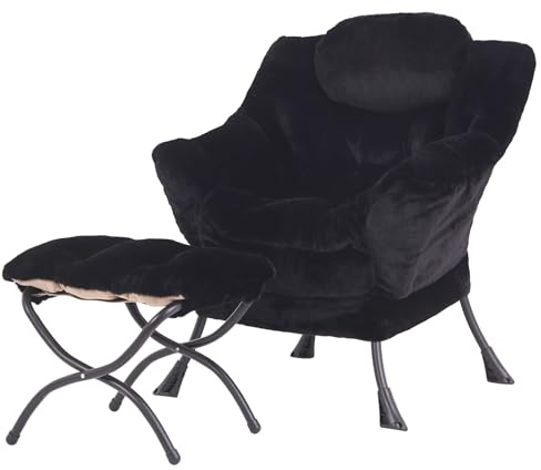 SESHINELL Lazy stol med ottoman, modern accentstol samtida lounge fritid soffa stol med armstöd, lässtol set för vardagsrum, sovrum, kontor, plysch svart