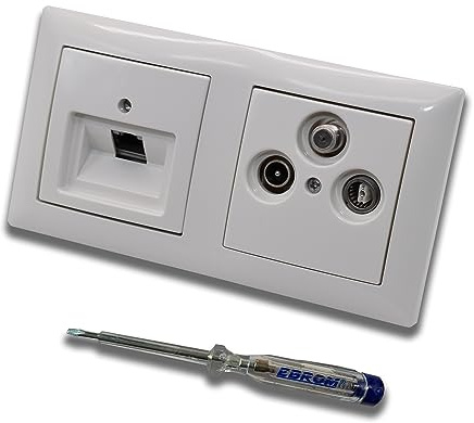 Busch Jäger, Rutenbeck Unterputz Netzwerkdose 10 Gigabit/S (10GbE) KAT6A 6A 1xRJ45 Anschluss + WISI TV SAT RADIO 3Loch Dose im BJ BalanceSi alpinweiß Design + EBROM Phasenprüfer z. Montage d. Geräte