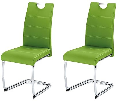 KHG 2er-Set Esszimmerstühle Schwingstuhl Polsterstuhl Küchenstuhl | Kunstleder grün, Designstuhl Sitzhöhe 48 cm, Freischwinger mit integriertem Griff, LED, für Esszimmer und Wohnbereich