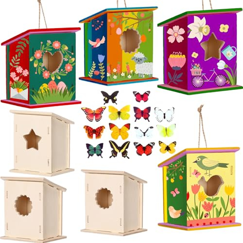 Outus 12 Pcs Wooden Birdhouse Craft Kits to Build, 4 Shapes Wooden Unfinished Bird House with Butterfly Sticker for and Arts Crafts Bulk Painting Kits(Stylish)