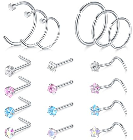 AVYRING 20G Stainless Steel Nose Stud Screws with Colorful Diamond Cubic Zirconia, Nose Studs Rings Hoop Set for Women Men, Pack of 18 Pieces