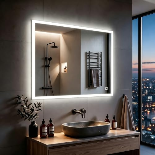 MIQU LED Badspiegel mit Beleuchtung 80x60 cm Badezimmerspiegel, Bad Groß Spiegel mit Touch/Wandtaster Weiß 6500K Licht Wandspiegel für Badezimmer, WC, Flur Ecken Rechteck B