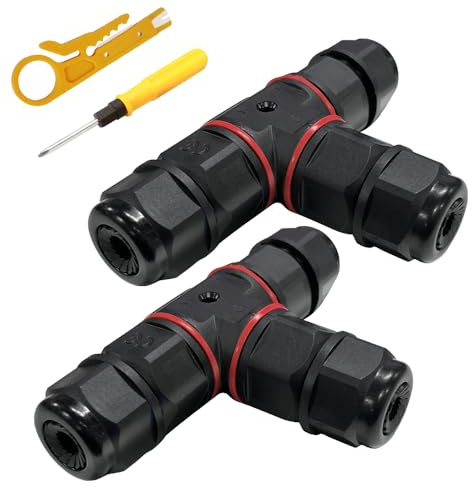Riisoyu Pack of 2 Cable Connectors Waterproof IP68, 3-Pin Earth Cable Connection Sleeve with Wire Stripper, Screwdriver, T-Shape Junction Box, Connection Box, Garden Cable Sleeve for Cable Area 6-10