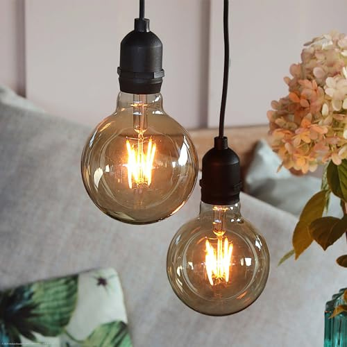 hellum Retro Hängelampe mit Batterie und Fernbedienung outdoor 2er Set, dimmbare Glühbirne mit Batterie und Timer (8xAA nicht inkl.), Lampe outdoor, golden, Glühbirne G95 Ø9,5cm, 151428