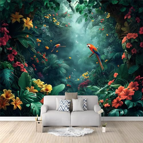 Fiori E Pappagalli Esotici Fotomurale - 350 x 256 cm Moda Fotomurali for Living Room, Bedroom, Office - Foresta Pluviale Di Fantasia Carta da Parati