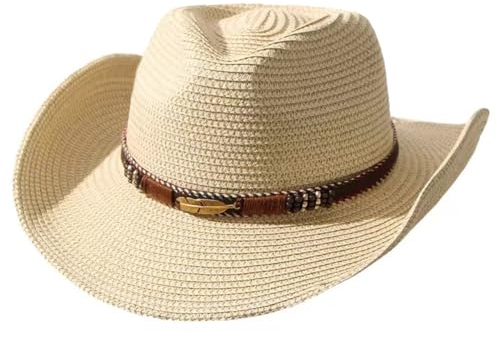 Vivi Idee® Cowboyhut Strohhut Unisex, Sonnenhut Westernhut Faltbar, Sommerhut Strandmütze (Papier, Beige-Goldene Blätter)