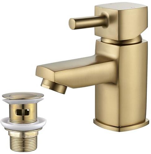 NewEast Basin Tap Square with Waste, Small Single Lever Bathroom Sink Mixer Taps, One Hole Brass Cloakroom Tap Brushed Gold