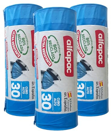 80% reciclado 3 rollos de 15 bolsas de basura (45 bolsas) 'Cubo alto', Ultra resistentes, Triple capa, Antigoteo, 30L autocierre