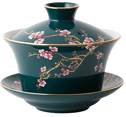 Kung-Fu-Teeschale, groß, 284 ml, Kung-Fu-Teetasse und Untertasse aus Porzellan mit Deckel, traditionell chinesisch, Teeschale – geprägtes Pflaumenmuster (grün)