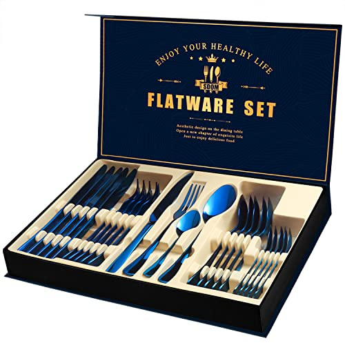 Blue Cutlery Set 24pc Stainless Steel Flatware Gift Box for 6 | Blue 24pc cutlery set: 6 knives, forks, spoons, tsp. Mirror finish, dishwasher safe. Gift box for wedding, housewarming
