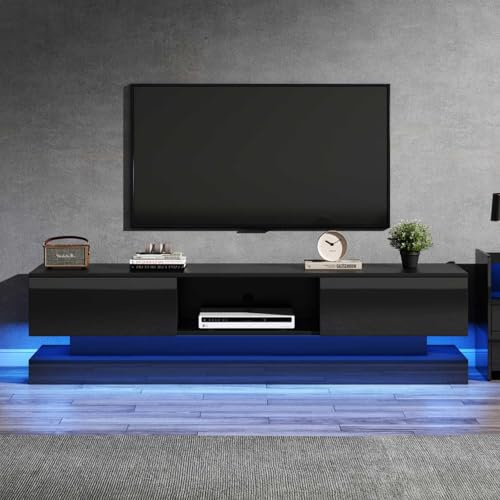 KOMHTOM Meuble TV Noir avec Rangement, Meuble TV 160 cm Longueur Table Television Salon Meuble de Salon (Noir, 160 x 35 x 40.5 cm)