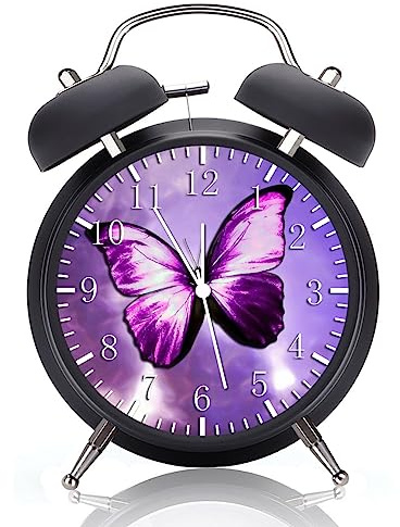 HDecor Twin Bell Purple Butterfly Alarm Desk Clock with Night Light Quite Silent Non-Ticking 4 Inches Metak and Glass Face Great for Decor or Gifts Y02