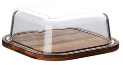 Milageto Mantequera con tapa de vidrio, caja para, base de madera gruesa, bandeja para pasteles, bandeja para bocadillos, caja para guardar queso, 14.2 Cm X 14.2 Cm X
