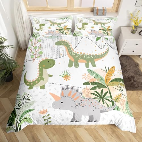 Feelyou Kids Cute Dinosaur Bedding Set Twin Size Cartoon Green Dinosaur Duvet Cover for Boys Girls Teens Cute Animal Comforter Cover Set Coconut Plant Bedspread Cover 2Pcs Zipper