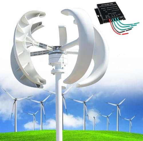 ZEEKYFOR Generatore Eolico a Turbina Latern, Generatore Eolico Verticale a 5 Pale da 10000W, con Regolatore e Piastra Flangiata, per Casa, Barca, Bianco,12V