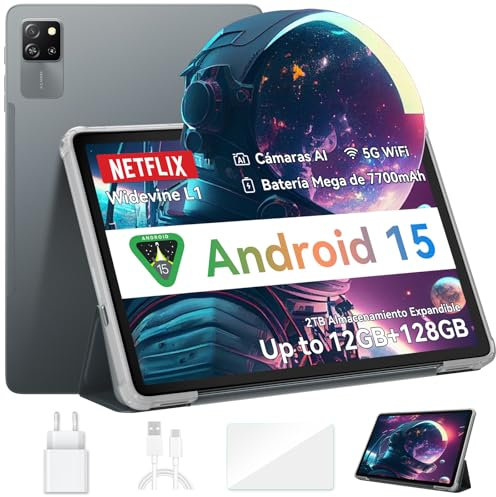 Blackview Android 15 Tablette Tab60Pro, 10 Pouces 4G LTE 12Go RAM 128Go ROM/2To TF, Octa-Core T606 Tablette de Jeu, Corps Ultra-Mince 7,45 mm, 5G WiFi/Widevine L1/5MP + 8MP/7700mAh/GPS/Face ID/BT 5.0