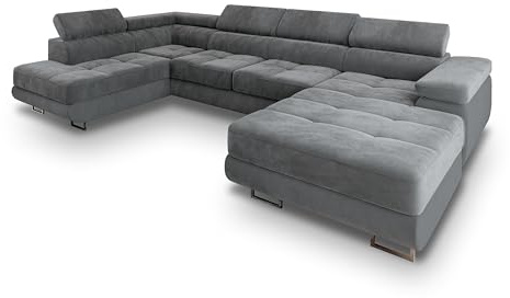 Masseno Ecksofa CASONE L-S mit Schlaffunktion U-Form, Sofa mit Bettkasten, Wohnzimmersofa, Couch, Soffa, Bettsofa, Couchgarnitur- Grau, Monolith 85
