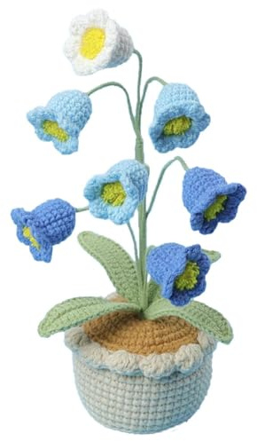 Magicherry Handmade Crochet Lily of The Valley Bouquet Artificial Lily of The Valley Crochet Flowers Potted Plants Knitted Orchid of The Bell Flowers for Home Office Car Dashboard Decor,Blue