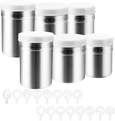 LDXDRU 6 Stück Kakaostreuer für Cappuccino 3 Größen, Edelstahl Puderzuckerstreuer mit Kaffee Schablonen, Kakao Streuer Kaffee Zubehör für Kuchen Heiße Schokolade Brotdekoration Kaffee Zubehör