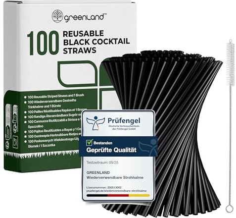 Greenland 100-pack återanvändbara korta svarta sugrör med borste – 15 cm långa, 6 mm breda – Perfekta för cocktails och som barnsugrör