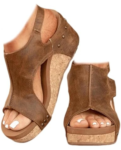 Whimsyard dam läder kilar sandaler dam bred plattform kil sandaler dam sommar kil sandaler öppen tå spänne öppen tå, Brun, 36 EU
