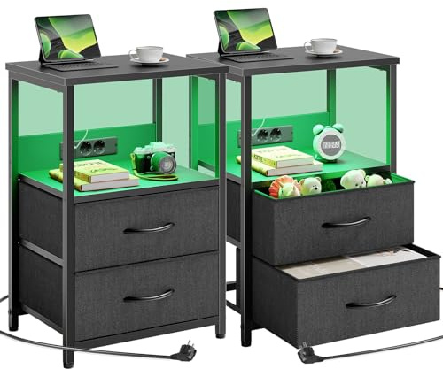 Rolanstar Beistelltisch mit LED-Beleuchtung, Nachttisch mit 2 Schubladen, USB-Anschluss & versteckter Steckdose, Sofatisch für Schlafzimmer und Wohnzimmer, Schwarz 2pcs