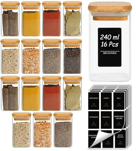 ComSaf Spice Jars with Labels 8 oz 16Pack, Small Spice Containers Starter Set, Glass Seasoning Jars with Lids, Square Seasoning Containers for Salt, Pepper, Chili Powder, Sugar, Loose Tea Storage
