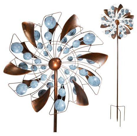 LEMODO Windrad Fancy mit gegenläufigen Rotoren | Gartendeko in 2 Höhen aufbaubar | Gartenstecker mit 213 cm Höhe | Windmühle in Kupferoptik | Windskulptur mit Charme