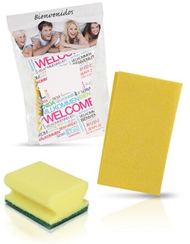 Kit Basico de Limpieza para Alojamientos – 50 Unidades con Bayeta Amarilla y Esponja Salvauñas – Amenities para Cocina en Alquileres Turísticos – Hecho en España – Pack de Bienvenida