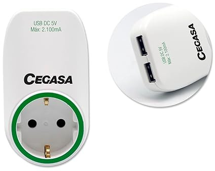 Adattatore Schuko con 2 porte USB, ideale per la ricarica rapida dei dispositivi mobili e la connessione alle prese di corrente.