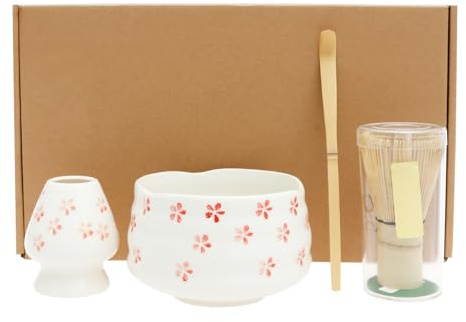 4 Stück Macha Tea Set 580ml Matcha Besen Set mit Aufschäumer Teelöffel Teeschale Mixständer Matcha Tee Set Geschenk für Matcha-Liebhaber (Weiß)