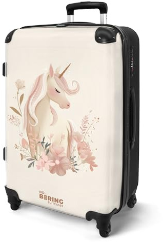 NoBoringSuitcases© Koffer Kinder Groß Reisekoffer Kinderkoffer 4 Rollen | 67x43x25 cm - Leicht Trolley Große M Hartschalenkoffer für Jugendliche Einhorn - Blumen - Rosa - Pastell