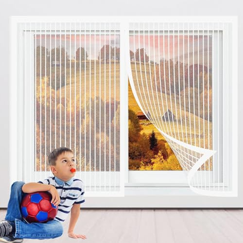 Insektenschutz für Fenster mit Magnet 144 x 64 cm Insektenschutz Magnet Fliegenvorhang Ohne Bohren Kinderleichte Montage für Alle Universalfenster, Weiß
