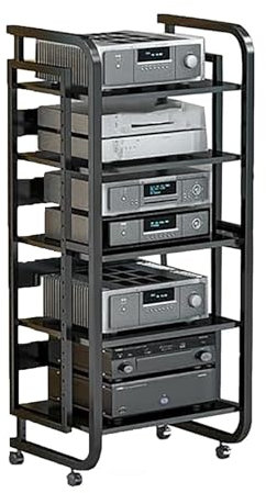 Estantería AV HiFi, Mueble Multimedia Alto, Soporte Multimedia móvil para Sala de Estar, Mueble Multimedia Alto y Resistente para Consolas de Videojuegos, Soporte estéreo de Metal Negro con