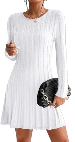 HOTOUCH Women Jumper Dress Casual A-Linie Pullover Dresses Knit Long Sleeve Sweaterdress Ladies Solid Fall Winter Casual White M