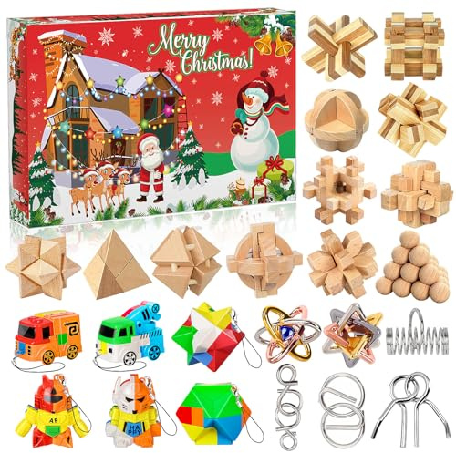 Charmofun Adventskalender 2025 Knobelspiele für Erwachsene & Kinder, 24 Tage von Weihnachtskalender Countdown mit Metall und 3D Holzk Knobel, Weihnachts Rätsel Logikspiele Geschenke für Jungen