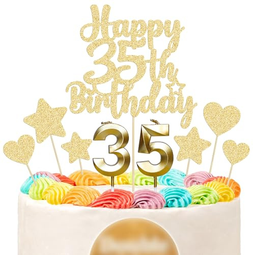 Gyufise 15Pcs Happy 35th Birthday Cake Topper Set with Heart Star Glitter Cheers to 35 Years Cake Picks Number 35 Candles Cake Decorations for Happy 35th Birthday Anniversary Party Supplies Gold