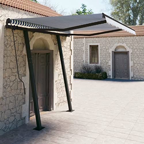 Markise Automatisch Einziehbar mit Pulverbeschichtetem Aluminiumrahmen, Elektrische und Manuelle Steuerung, Sonnenschutz für Balkon und Terrasse, freistehende Markise,Blau und Weiß, 300 x 250 cm