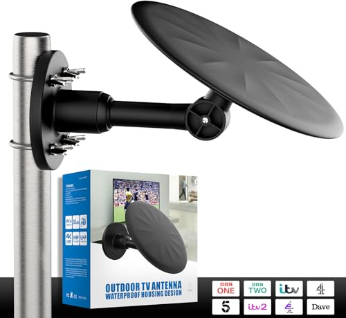 Outdoor TV Aerial with Signal Booster – 360° Reception Long Range Freeview Aerial for Smart TV & DVB-T2 – Supports 4K Full HD – Weatherproof Digital HDTV Antenna with 32.8FT Coaxial Cable