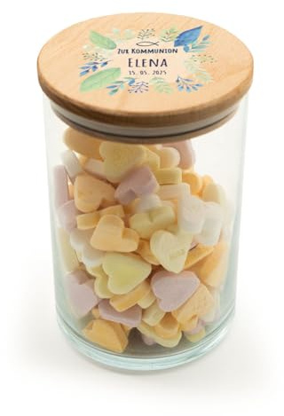 GRAVURZEILE Vorratsglas mit bedrucktem Holzdeckel - Kommunion Pflanzen - Personalisiert mit Name & Datum - Keksdose Bonbonglas mit Deckel - Vorratsdose - Geschenk für Kinder zur Kommunion - 880 ml