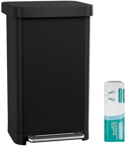 Arlopu 50L/13.2Gal Stainless Steel Trash Can W/15 Inner Bags & Rear Trash Bag Storage Compartment, Kitchen Step Trash Can with Lid & Built-in Deodorizer Box, Garbage Bin W/Foot Pedal (Black)