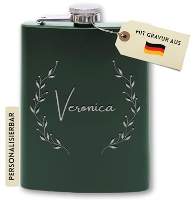 Flanacom Flachmann mit Gravur aus Edelstahl inkl. Trichter 227ml / 8oz Hochzeit Trauzeuge Alkohol Geschenke für Männer Flachmann Personalisiert mit Wunschgravur (Design 7, 8 Oz Grün)