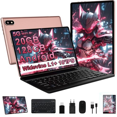 Tablet 10 Pollici Android con 20GB RAM+128GB ROM (TF 2TB), 5G WiFi 6, Octa-Core, 2.0 GHz, GMS, Bluetooth 5, 5MP + 8MP, 1280 * 800 FHD IPS, 2025 Newest Tablet Widevine L1 con Tastiera e Mouse, Oro Rosa