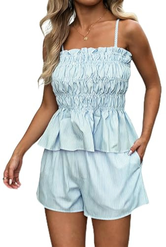 crazy bean Conjunto Verano Mujer de 2 Piezas Top Tirantes y Pantalones Cortos a Rayas Elegante Camiseta Bandeau Elástico Azul L