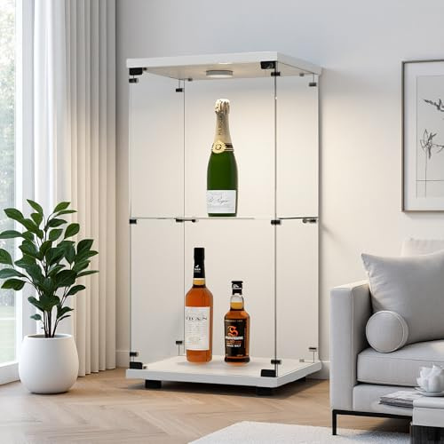 Hoscullo glasvitrinskåp med LED och lås, stående monter med 2 våningar och 1 dörr, samlarvitrinskåp av glas för vardagsrum kontor sovrum bar (vit)