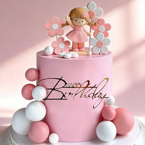 Princess Cake Toppers - Complete Set of 20PCS Foam Ball & Flower Decorations with PVC Girl Figurine & Acrylic Sign - Elegant Cake Decoration for Birthday Party